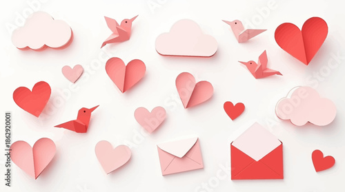 Pink Paper Origami Hearts and Birds Set