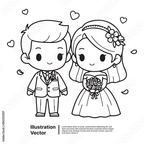 Sweet Kawaii Style Newlyweds Illustration for Coloring Books and Romantic Designs