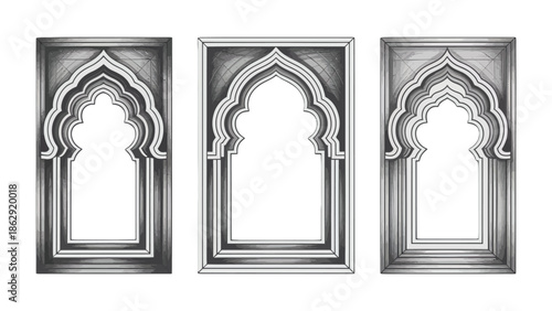 Elegant Arches: Three ornate architectural elements stand as if gateways. Carved with intricate detail, they stand as symbols of timeless beauty and design.