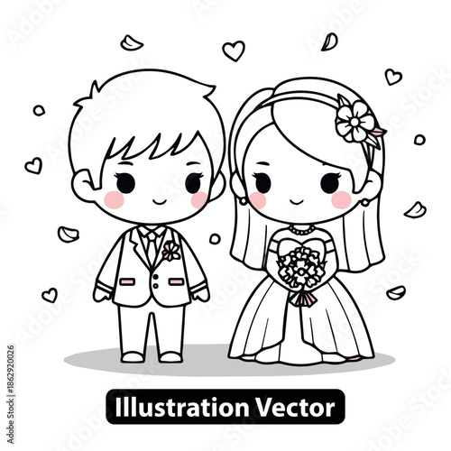 Charming monochrome vector illustration of a sweet cartoon bride and groom celebrating their joyful wedding day