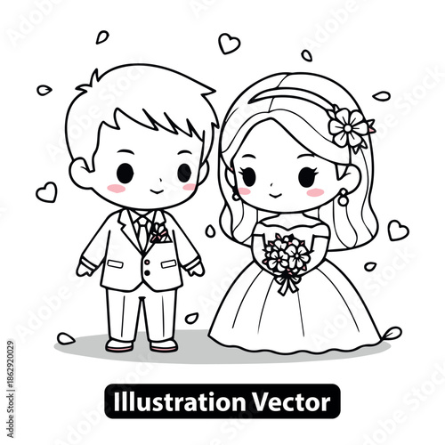 Charming black and white vector illustration of a sweet cartoon bride and groom celebrating their joyful wedding day