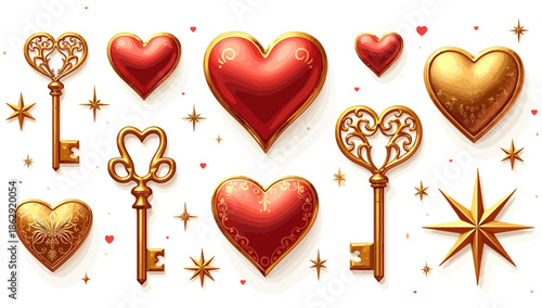 Elegant Golden Key and Red Heart Pattern