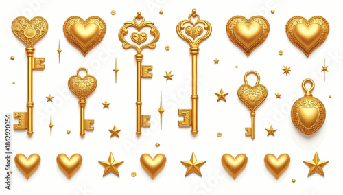 Luxury Golden Heart Key Illustration Set