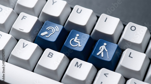 Keyboard accessibility icons wheelchair hearing vision glowing blue inclusive design.