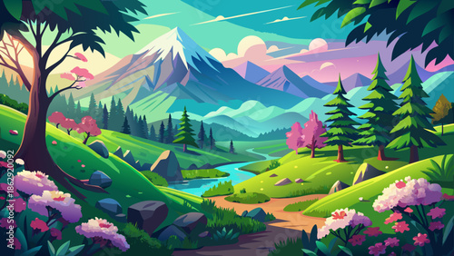 A spectacular view of spring with vast green forests and mountains covered with beautiful trees that come to life in the soft light of the sky.