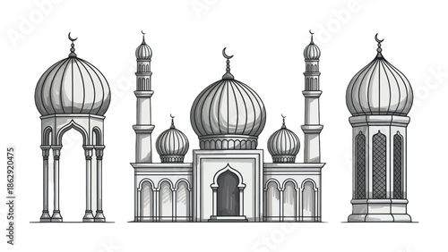 Architectural Wonder: A detailed architectural illustration showcases the beauty of an iconic place of worship, with intricate domes and elegant minarets, symbolizing culture and serenity.
