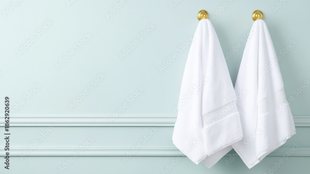 Fototapeta premium A calming view of pristine white towels neatly arranged on a soft blue wall, reflecting luxury and serenity in a spa-like setting for relaxation and comfort.