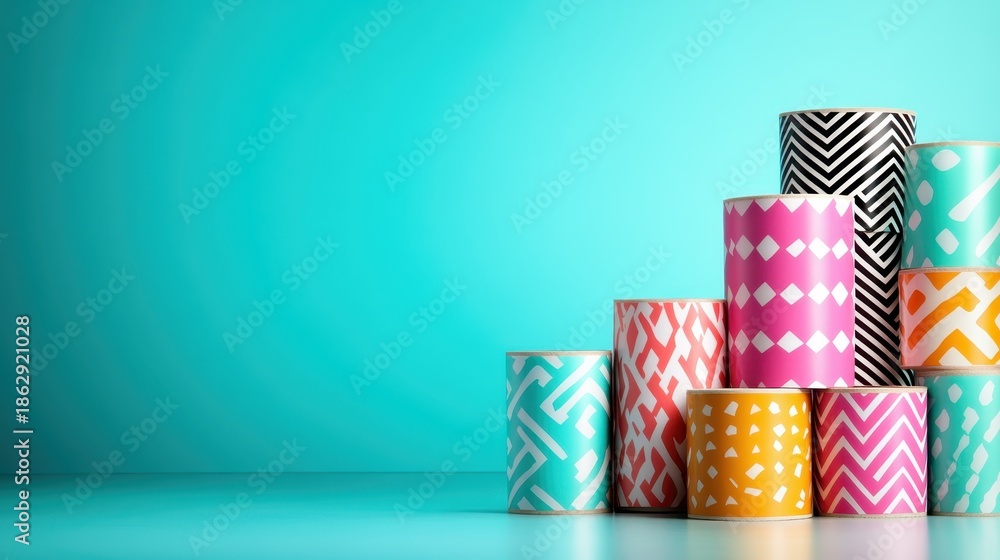 Obraz premium A creative arrangement of patterned paper cylinders in vibrant colors stacked against a blue backdrop, ideal for artistic projects or design inspiration.