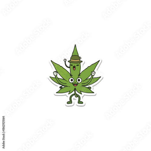 Cheerful and cute cannabis leaf cartoon character with a hat, arms raised in celebration, isolated on a white background, representing hemp culture and positive vibes.