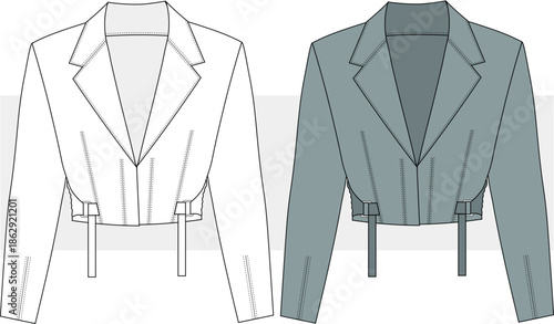 Women's stylish cropped jacket fashion design technical drawing, illustration. Winter wear, coat , cardigan vector, Front view. CAD, Mockup Set.