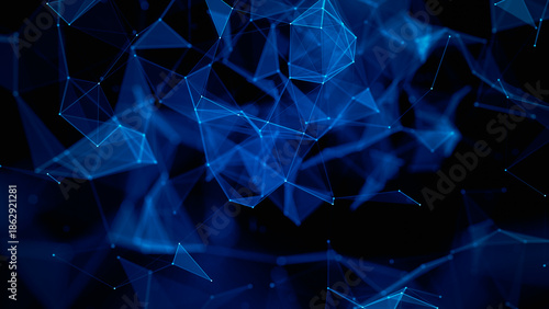 Abstract blue polygonal network connection background, futuristic digital technology and data visualization concept. 3D rendering