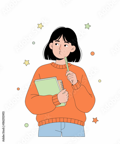 Illustration of a female student holding a book and ballpoint pen