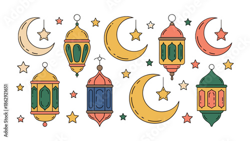 Ramadan Lanterns and Crescent Moons: A festive illustration of Ramadan, featuring ornate lanterns and crescent moons, evoking the spirit of reflection and celebration. 