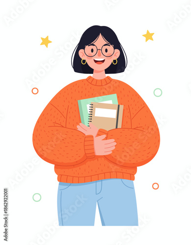 Illustration of a female student holding a book and ballpoint pen