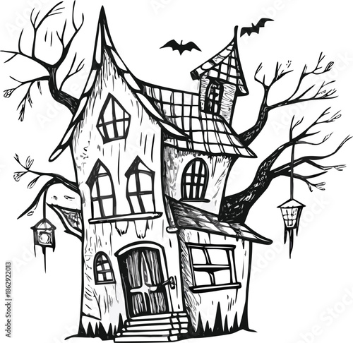 a spooky haunted house sketch with bats and bare tree branches illustration