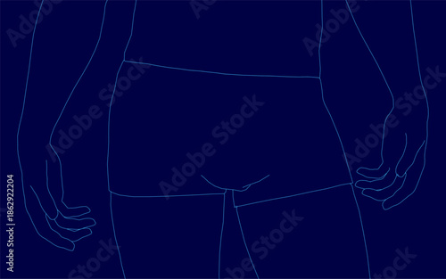 A confident man in blue underwear stands with hands on hips, showcasing his physique against a dark blue background.