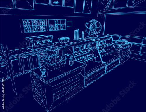 A minimalist 3D kitchen model with a blue contour background features a bar table holding various food items.