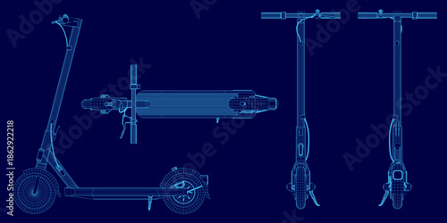 Blueprint of a sleek electric scooter with a black and silver color scheme on a blue background. The wireframe design reveals key components like the motor, battery, handlebars, and wheels.