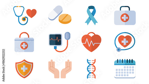 Healthcare Icons: A collection of health and medical icons including stethoscope, pills, awareness ribbons, first aid kits, heart symbol, protection shield, and other symbols related to healthcare.