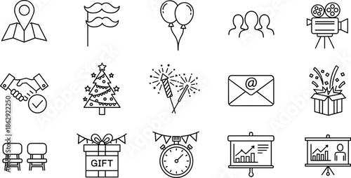 Event and celebration icons set, party planning and presentation concept, cad drawing flat vector illustration, black and white design