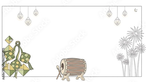 Decorative scene with drum, lanterns, and plants