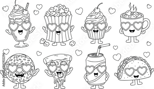 Cute food and drink characters with heart glasses smiling and surrounded by hearts