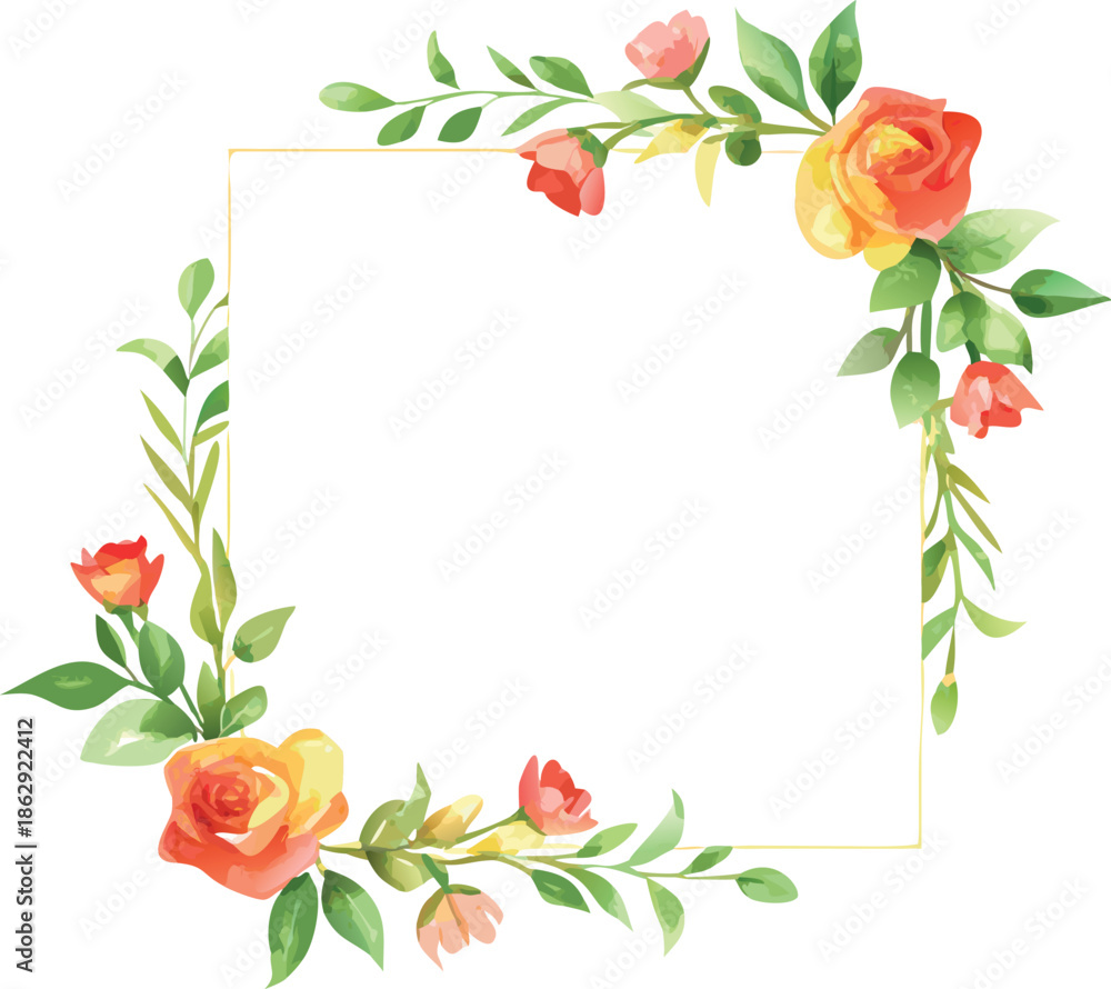 Fototapeta premium A delicate watercolor floral frame with roses and green foliage design high quality