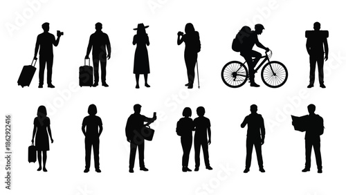 Silhouettes of people engaged in various activities like travel and recreation