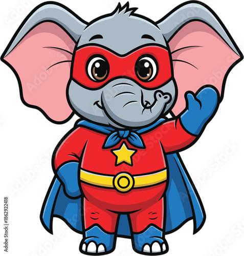 Superhero elephant cartoon, animal hero, red costume, blue cape, kids character, playful mascot, fantasy animal design -flat vector illustration