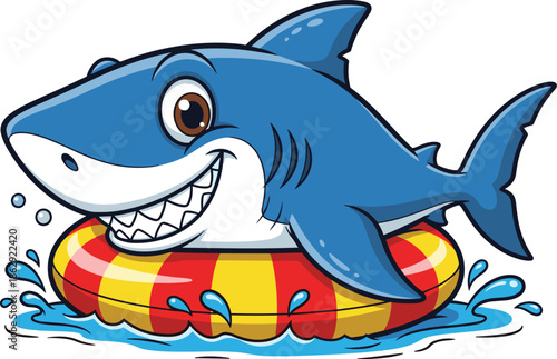 Smiling blue shark cartoon in swim ring, summer water splash, playful aquatic animal character for kids design, fun beach scene - flat vector illustration