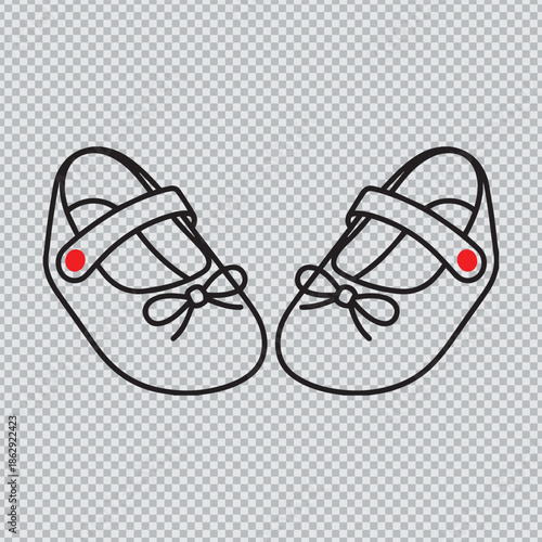 Cute minimalist vector line art illustration of baby shoes with straps and red buttons isolated on transparent background.