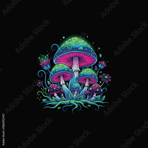 Vibrant psychedelic mushroom illustration with glowing neon bioluminescence and fantasy forest flora isolated on a black background.