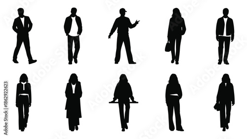Silhouettes of diverse people in various poses and formal attire