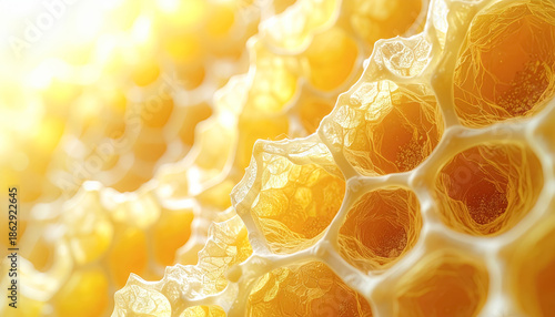 Macro shot highlighting the detailed structure of honeycomb wax cells. The golden color and translucent surfaces reflect light, showcasing the honeycombs geometric patterns and textures.