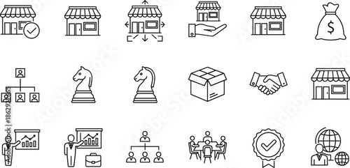 Business and storefront icons set, strategy and management concept, organizational planning flat vector illustration, black and white, symbolic design