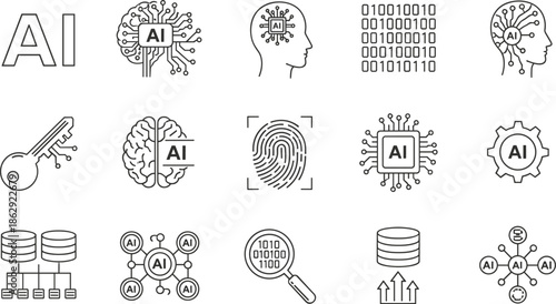 Artificial intelligence and technology icons set, machine learning and data processing concept, cad drawing flat vector illustration, black and white