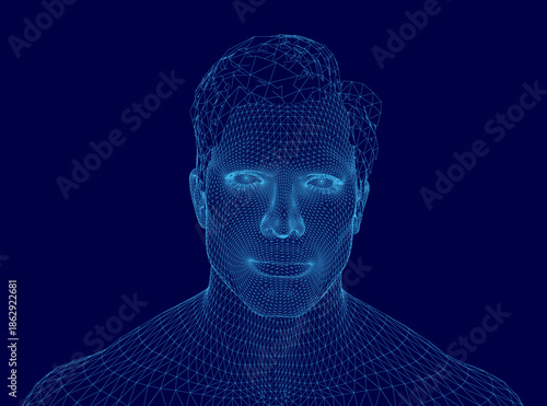 A 3D wireframe model of a man's face, composed of intricate lines and polygonal shapes, appears against a solid blue background.