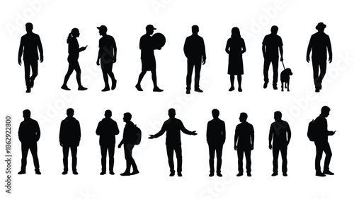 Silhouettes of diverse people in various poses and outfits a collection