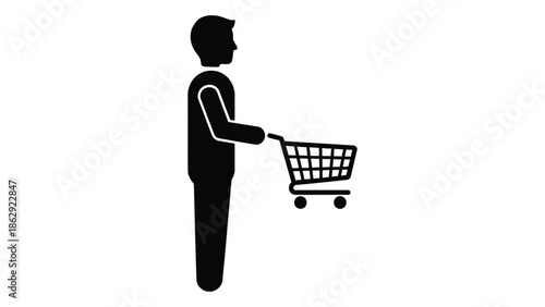 A simple black silhouette depicting a person with a shopping cart
