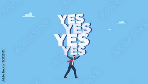 Tried businessman carrying heavy burden the word yes he accepted to help other colleagues. Stop always saying yes and accept all work or project causing overworked or too much responsibility.