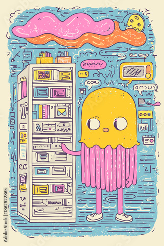 Playful cartoon character interacting with a colorful fridge