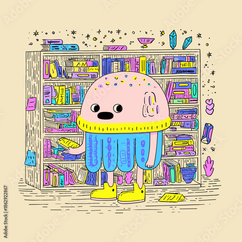 Playful cartoon character interacting with a colorful fridge