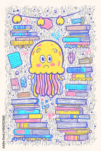 Playful cartoon character interacting with a colorful fridge