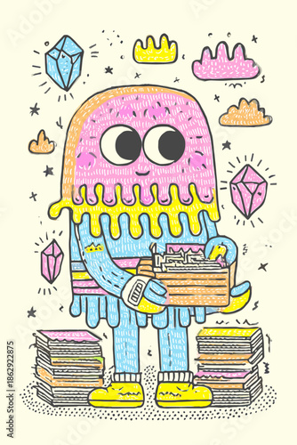 Playful cartoon character interacting with a colorful fridge