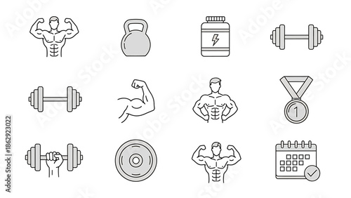Weightlifting Training with Dumbbells and Supplements in Gym Environment, Front View Graphic Illustration