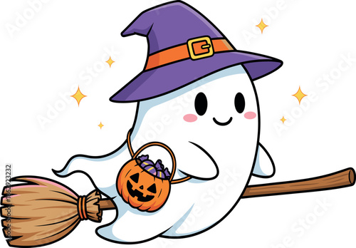 Cute cartoon ghost wearing a witch hat and flying on a broomstick with pumpkin candy basket flat vector illustration isolated on white background.