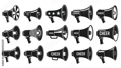 Cheer Megaphones Icon Set, Sound Amplifiers and Announcement Tools, Vector Illustration, White Background, Graphic Design
