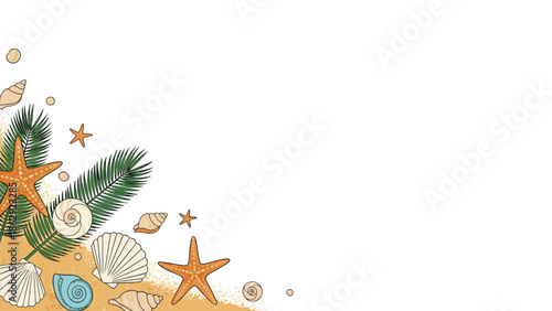 Tropical summer background with seashells starfish and palm leaves on a sandy beach shore under a bright white sky.