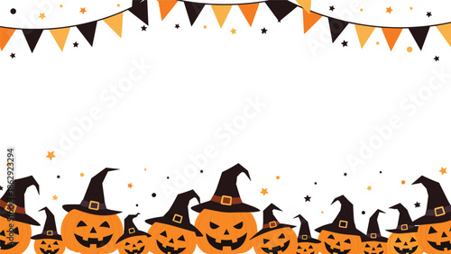 Halloween celebration background with carved pumpkins wearing witch hats and festive orange and black party bunting flags.