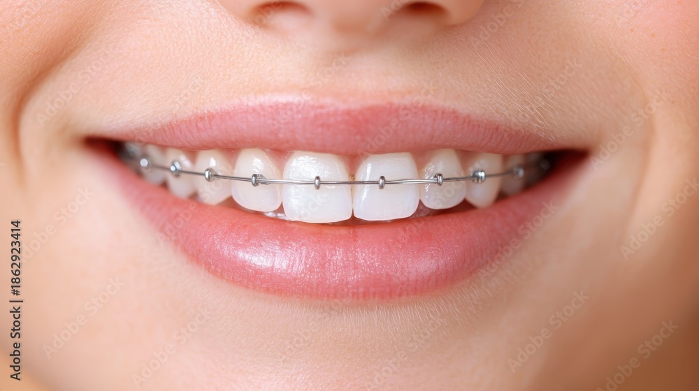 Obraz premium A close-up image of a person smiling widely, showcasing their shiny braces and healthy white teeth, demonstrating confidence and dental care.
